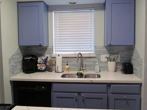 Stocked kitchen with Keurig, pots, pans, dishes, & utensils