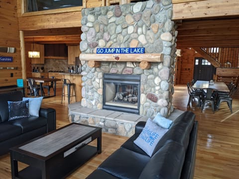 2-sided fireplace, Living room, dining room, and kitchen