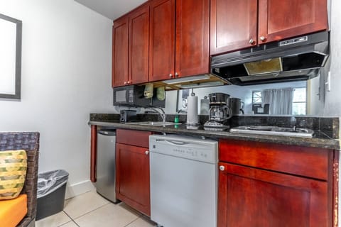 Mini-Kitchen Features Dishwasher, Microwave, Mini-Fridge, Sink and Two Burner Stove