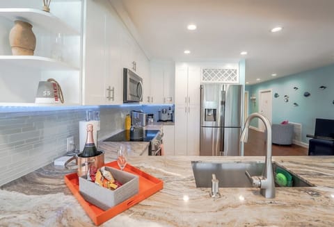 Fully stocked kitchen. Has everything to cook delicious, elaborate meals and feel at home while being on vacation