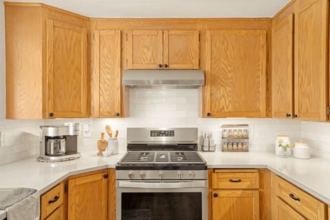 Very well stocked with all pots/pans, blender, crock pot, rice cooker, salad spinner, 4 kinds of coffee, teas, creamer, sweeteners, spices, condiments, and oatmeal, brown sugar and walnuts for light breakfast.