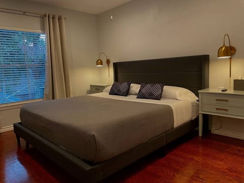 Comfortable, new king sized memory foam bed. Bedroom comes with Amazon Fire Smart TV, blackout curtains, walk in closet, full length mirror, USB fast charging plugs, ceiling fan, and extra blankets and pillows.
