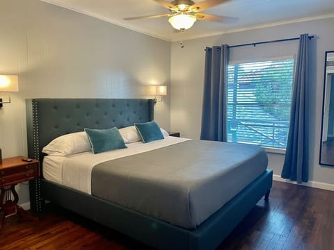 Comfortable, new king sized memory foam bed. Bedroom comes with Amazon Fire Smart TV, blackout curtains, walk in closet, full length mirror, USB fast charging plugs, ceiling fan, and extra blankets and pillows.