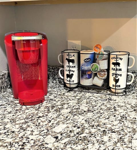 Keurig machine and starter set of coffee provided. Regular coffee pot available