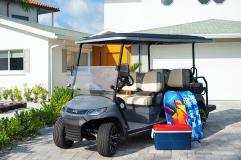 So too is the six-seat golf cart to explore IRB and go to the beach.