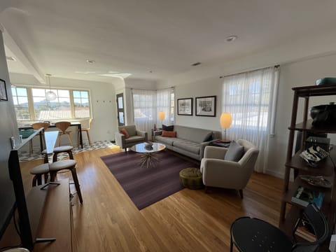 Open floor plan, with a flatscreen TV Roku device and Klipsch Bluetooth speaker