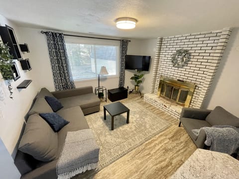 Living room with a sleeper/sofa, arm chair, tv and a woodburning fireplace