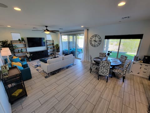 Open floor plan with mid-century modern finishes