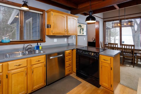 Kitchen opens up to dining area