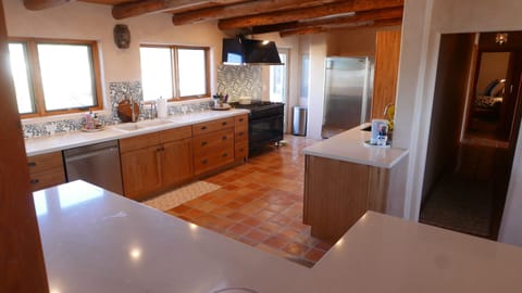 Sub-Zero fridge/freeze/wine cooler. Samsung dishwasher, 6-burner Italian range.