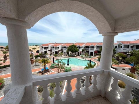 Pool view from pato of La Hacienda condo 4