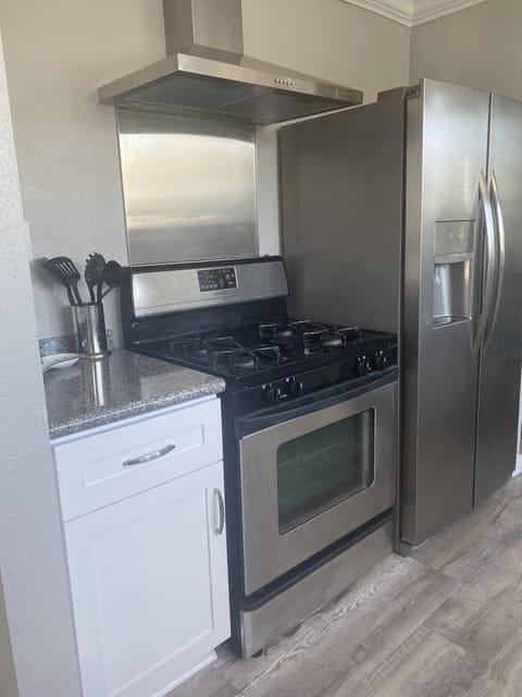 Gas stove and double fridge with ice/water in door
