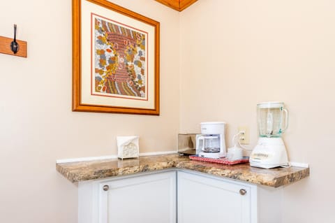 Kitchen has a coffee pot, supplied coffee, a blender, ketchup, olive oil & more