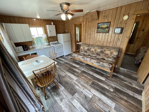 Cabin 7's combined kitchen/dining/living area