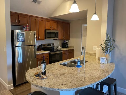 Our kitchen is sparkling clean and fully stocked with kitchenware...from the basics (dishes, pots, pans, silverware, etc.) to the extras (crock pot, 3 types of coffee makers, etc.)