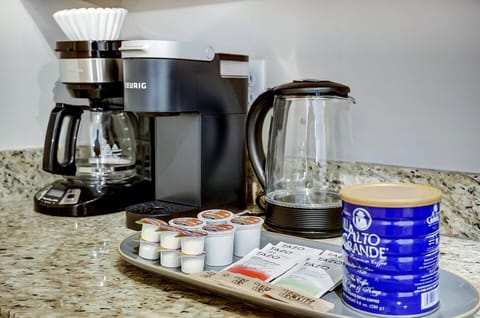 Everything you need to make coffee and tea, including a starter supply of some of our favorite coffees and teas! We provide every guest with a free can of Alto Grande coffee - one of the world's top 3 "super premium" coffees. We discovered it at the 5-star Condado Vanderbilt in Puerto Rico and wanted to share it with you!