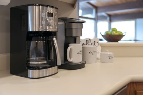 Fuel up with full-size coffee maker and Keurig pods. 