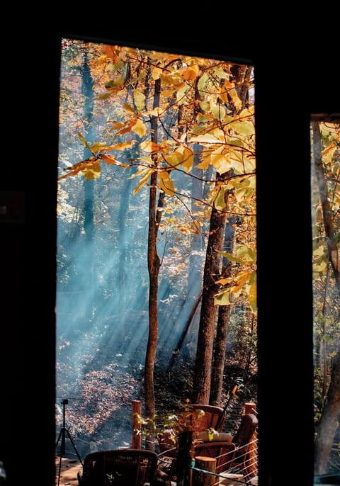Firepit smoke exiting the cave viewed from inside the cabin