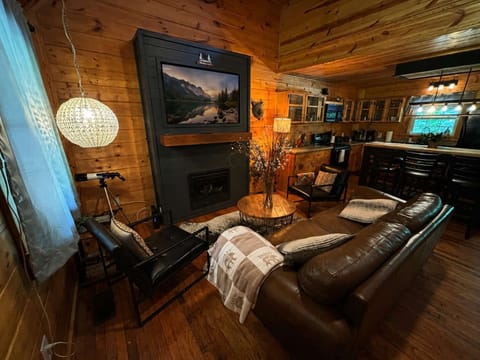 Rustic yet modern lounge featuring a fireplace and built-in entertainment.