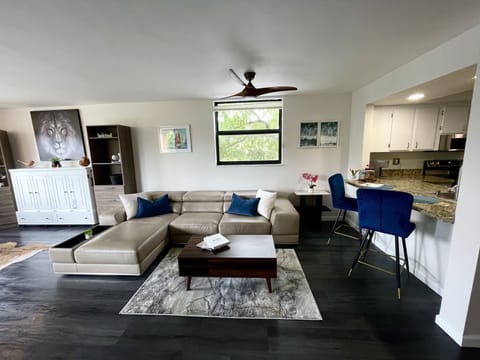 Living Room with leather sectional couch