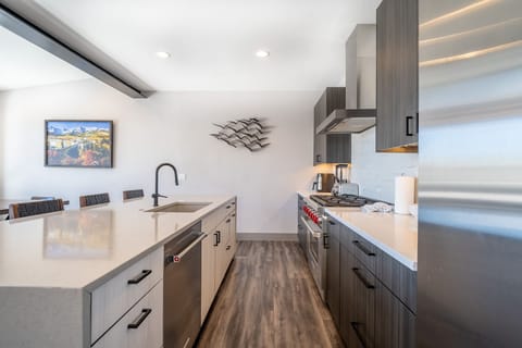 Luxury full-sized chef's kitchen with high-end stainless steel appliances, granite countertops, tons of cabinet space, and dedicated wine fridge.