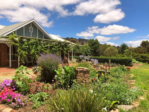 The front of the home features lush grapevines and a colourful cottage garden.