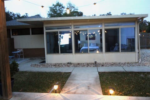 At night you can see the reflection of the solar lights as well as the TV.  The blinds completely close out the outdoors to sleep if you choose.