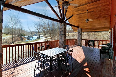 Deck with view of lake 