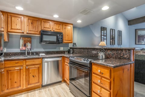 Fully Equipped Kitchen with stone countertops, GE appliances, and bar seating for two