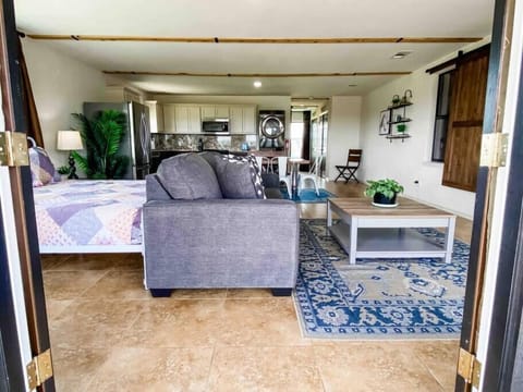 French doors opening to the studio suite with a king bed.