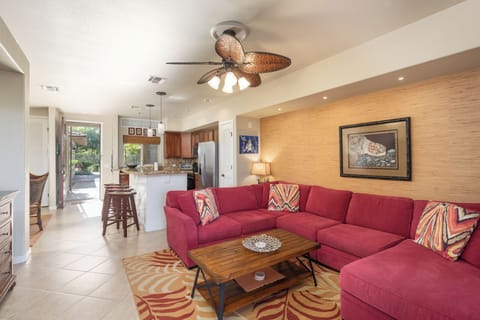 Living room with views overlooking the historic Kalahuipua'a lava fields. 