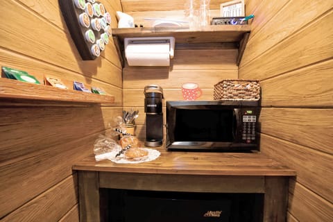 Mini fridge, microwave, Keurig machine