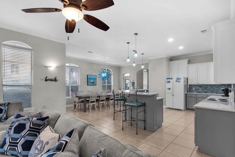 Open-concept living, kitchen and dining