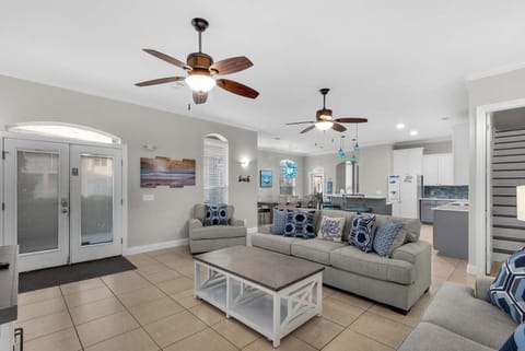 The living room has updated furniture