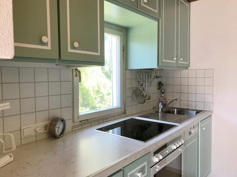 Gut ausgestattete Küche mit Backofen, Kochfeld und Geschirrspüler