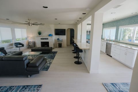 Living room, bar area and kitchen