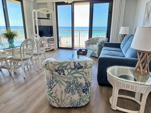 Open living room/kitchen layout with gorgeous corner beach views