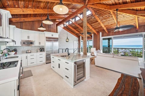 Fully equipped gourmet kitchen with wine fridge and wraparound views of paradise.