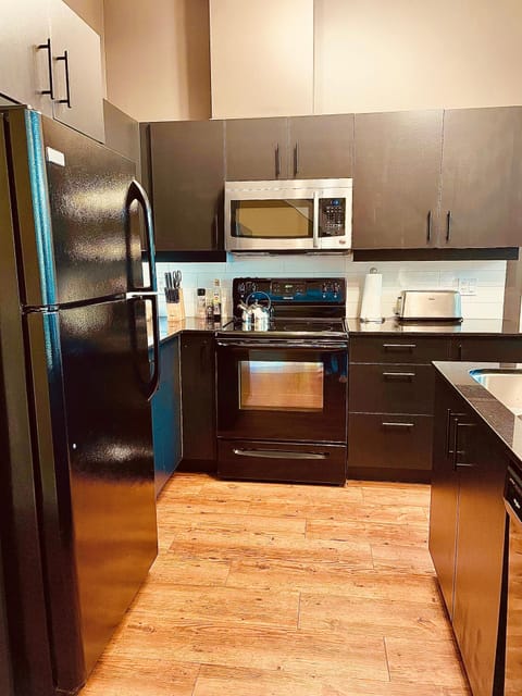 The kitchen, with full size fridge, oven, stove, coffee maker and dishwasher
