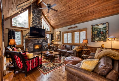 Great room with gas fireplace, Smart TV with cable and DVD, new furniture.