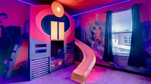 Kids will love the customized bedroom with the cool Incredibles theme
