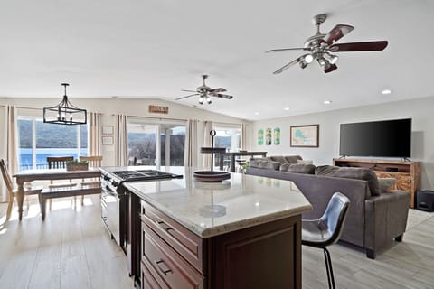 Kitchen opens to family room and dining area