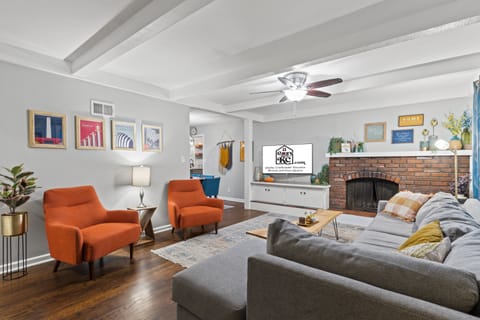 Bright, spacious living room designed for extended stays — perfect for relaxing, working, or unwinding after long days in Waldo or downtown KC.