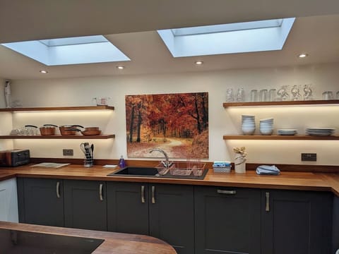 Sky lights give natural light.  Autumn splash backs provide a splash of colour.  With double sink, full size dishwasher and lots of cupboard space