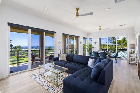 Spacious, bright living room with ocean views