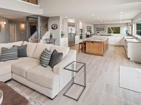 Living room, kitchen, and dining room