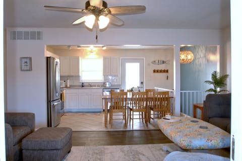 The kitchen is well supplied and features new stainless steel appliances.