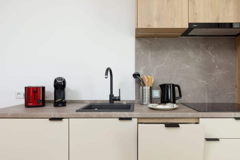 The sleek design of the kitchenette blending seamlessly with the living area.