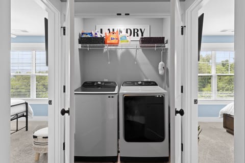 Large capacity washer and dryer makes laundry easy to use and saves time.
