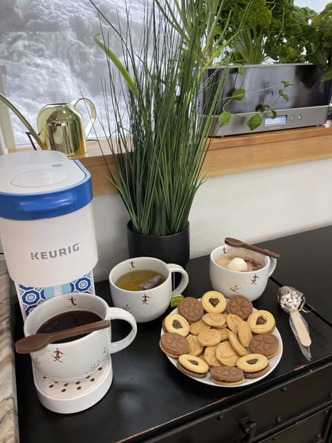 Warm up with Keurig, coffee, hot chocolate or tea. 